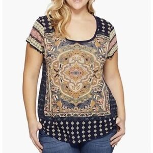 Lucky Brand Womens Mixed Print Top Size 2X Persian Carpet Tee Scoop Boho Aztec
